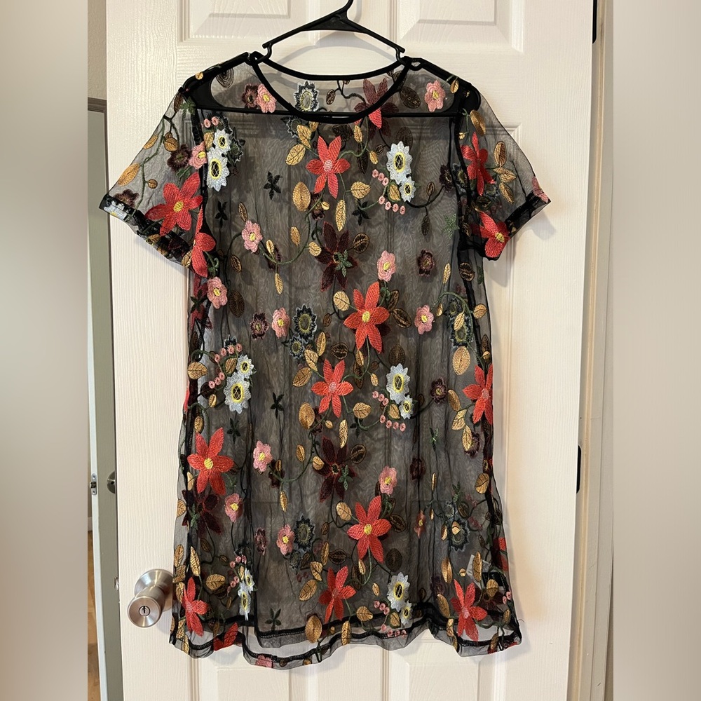 Sheer Black and Floral Mesh Dress Cover Up